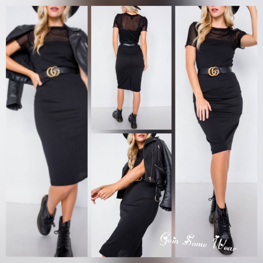 Black Chic Knit Ribbed Midi Dress